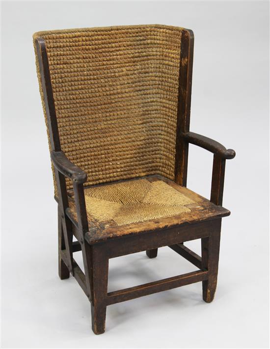 A small Orkney pine and skep-work open armchair,